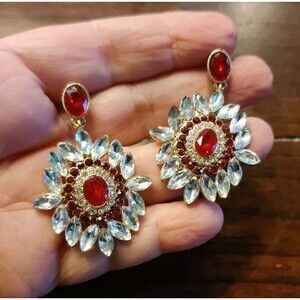 Vintage Large Monet GoldTone Red Clear Rhinestone Pierced Earrings 2" No Backs
